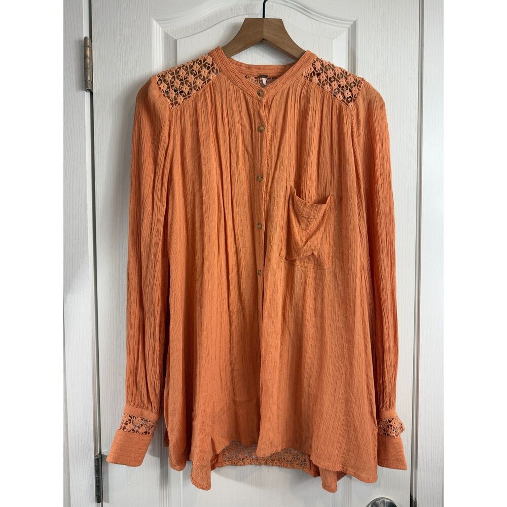 Free People Women's The Best Crochet Button Front Long Sleeve Top Orange Size M
